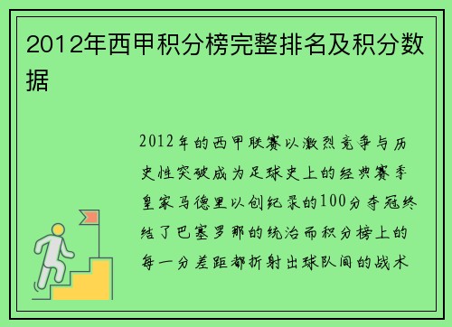 2012年西甲积分榜完整排名及积分数据